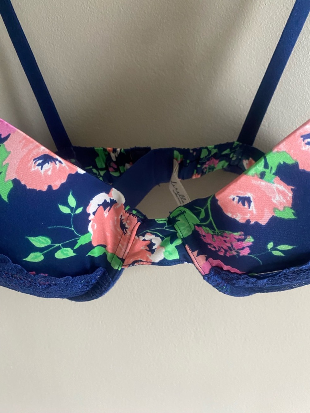 Floral Lace-Trim Navy Underwire Bra with Pink Accent - Picture 2 of 6
